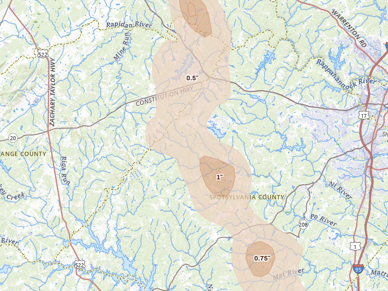 Radar-estimated hail-size map of the storm over Spotsylvania, VA on Jul 26, 2026