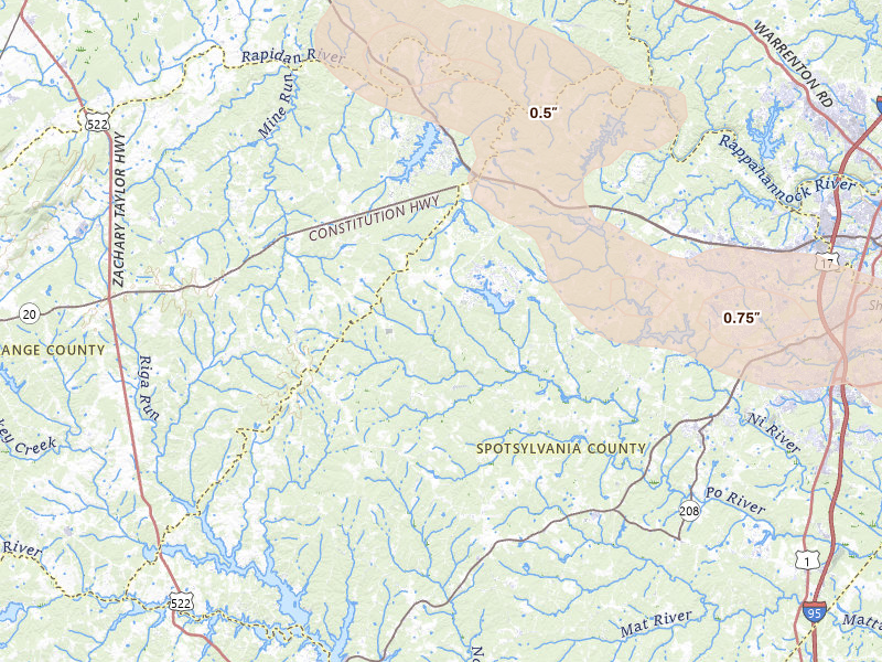 Radar-estimated hail-size map of the storm over Spotsylvania, VA on Jul 28, 2026