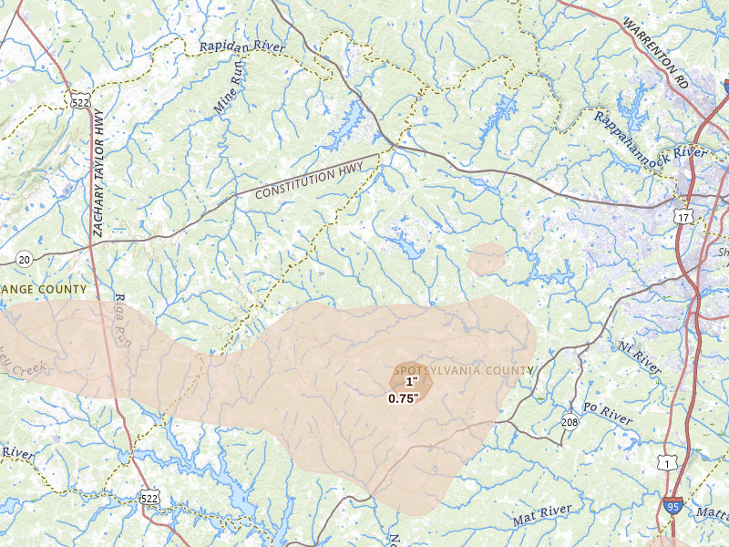 Radar-estimated hail-size map of the storm over Spotsylvania, VA on Aug 22, 2026