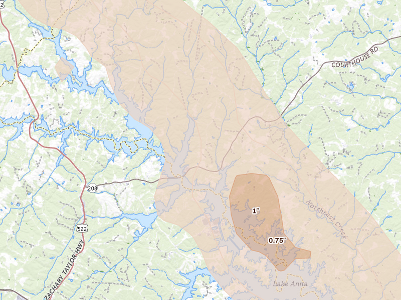 Radar-estimated hail-size map of the storm over Spotsylvania, VA on Sep 4, 2026