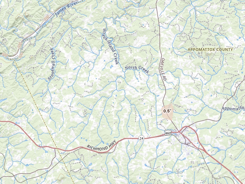 Radar-estimated hail-size map of the storm over Spout Spring, VA on Apr 1, 2026