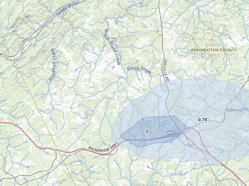 NEXRAD radar-signature map of the hail storm over Spout Spring, VA on Apr 1, 2026