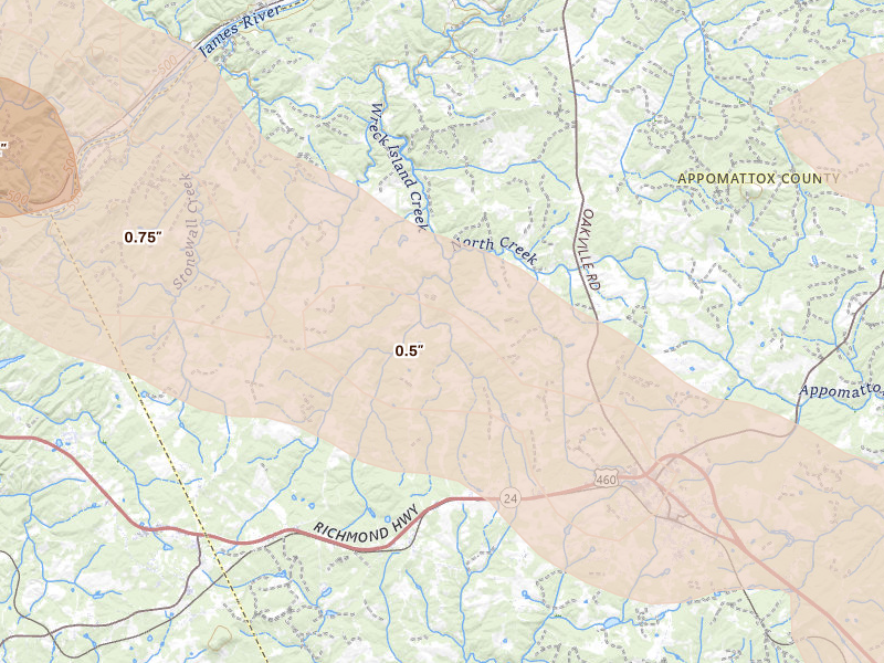 Radar-estimated hail-size map of the storm over Spout Spring, VA on May 27, 2026