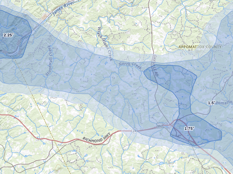 NEXRAD radar-signature map of the hail storm over Spout Spring, VA on May 27, 2026
