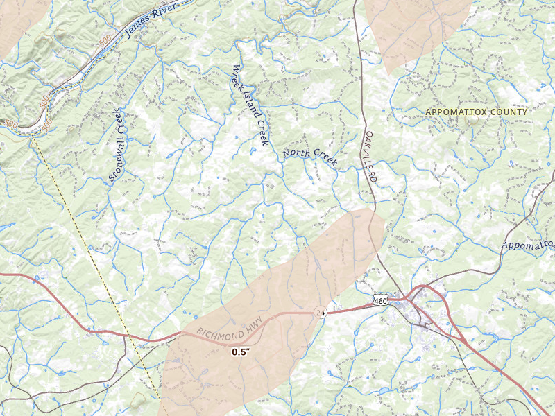 Radar-estimated hail-size map of the storm over Spout Spring, VA on Jul 4, 2026