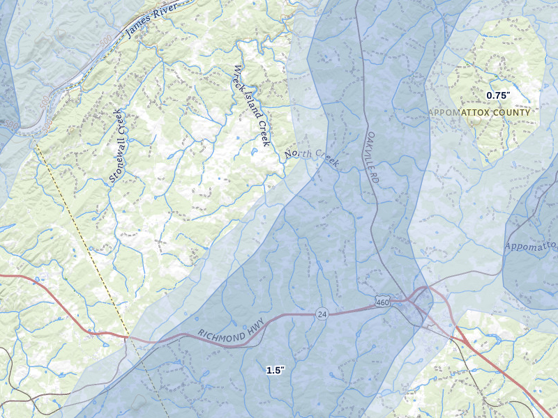 NEXRAD radar-signature map of the hail over Spout Spring, VA