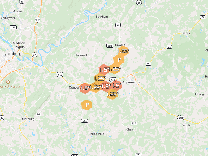 Hail map of Spout Spring, VA on Jul 4, 2026, hail up to 1.5"