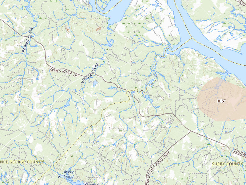 Radar-estimated hail-size map of the storm over Spring Grove, VA on Jul 4, 2026