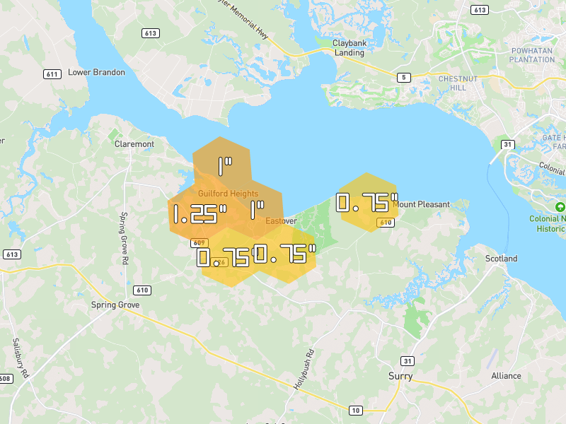 Hail map of Spring Grove, VA on Jul 4, 2026, hail up to 1.25"