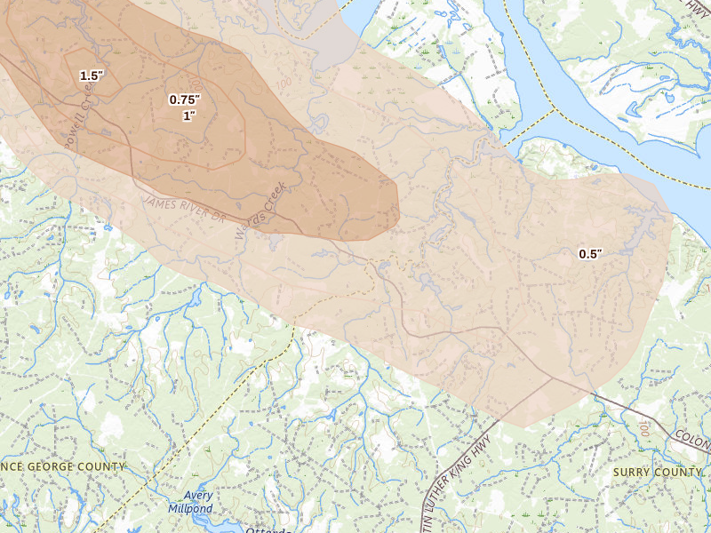 Radar-estimated hail-size map of the storm over Spring Grove, VA on Jul 28, 2026