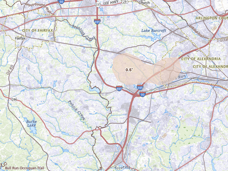 Radar-estimated hail-size map of the storm over Springfield, VA on Jun 12, 2026