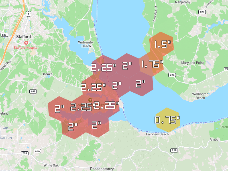 Hail map of Stafford, VA on Jul 4, 2026, hail up to 2.25"