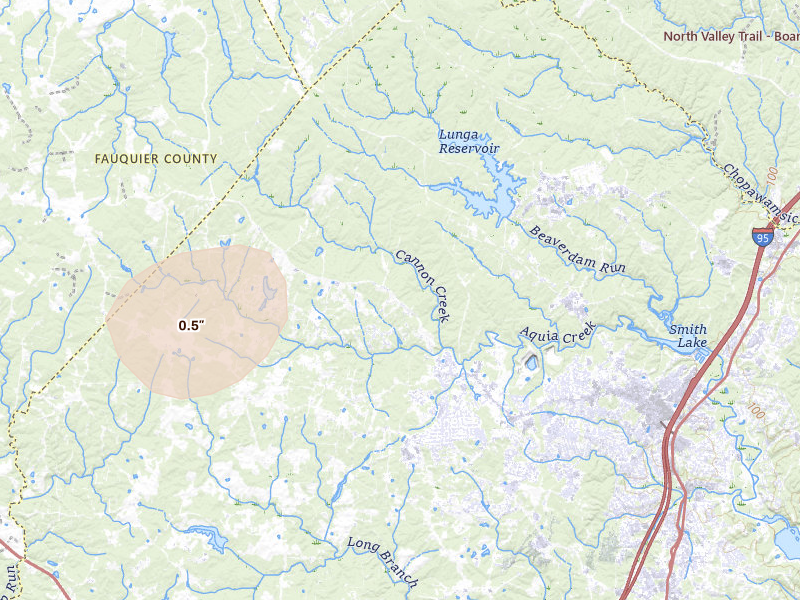 Radar-estimated hail-size map of the storm over Stafford, VA on Jul 9, 2026