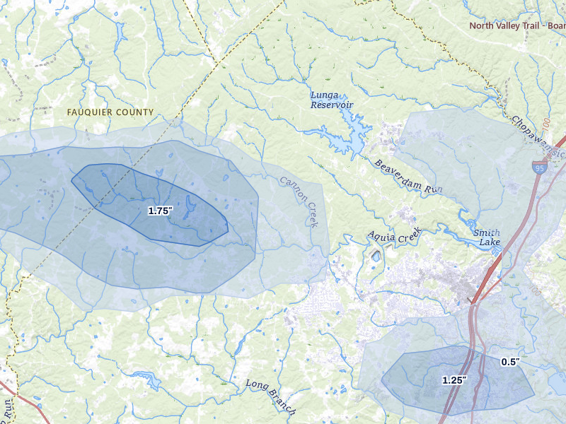 NEXRAD radar-signature map of the hail storm over Stafford, VA on Jul 9, 2026