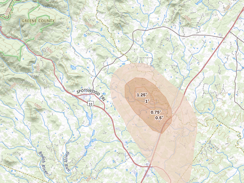 Radar-estimated hail-size map of the storm over Stanardsville, VA on Sep 2, 2026