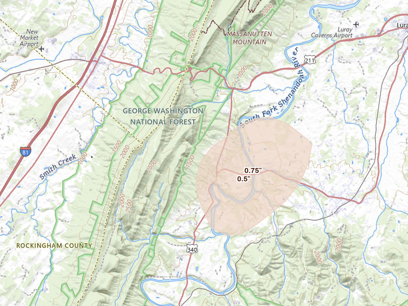 Radar-estimated hail-size map of the storm over Stanley, VA on Jul 5, 2026