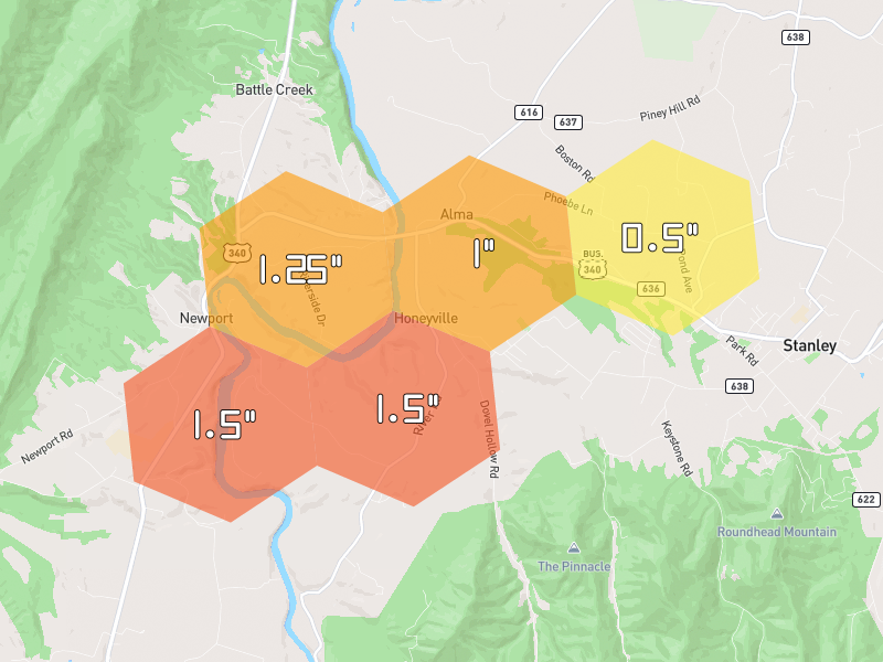 Hail map of Stanley, VA on Jul 6, 2026, hail up to 1.5"