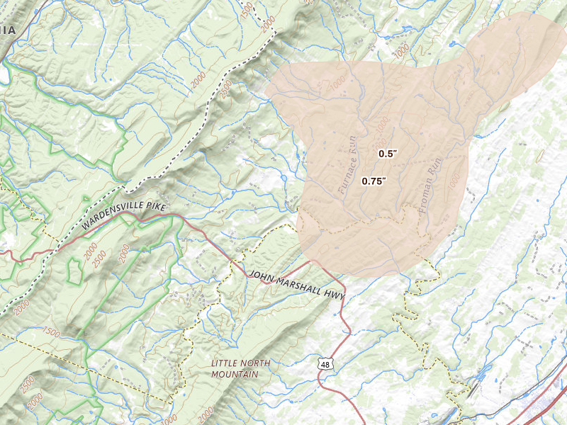 Radar-estimated hail-size map of the storm over Star Tannery, VA on May 18, 2026