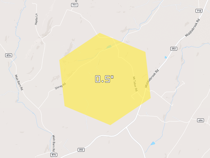 Hail map of Staunton, VA on Jul 28, 2026, hail up to 0.5"