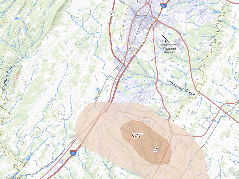 Radar-estimated hail-size map of the storm over Stephens City, VA
