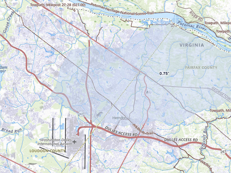 NEXRAD radar-signature map of the hail over Sterling, VA