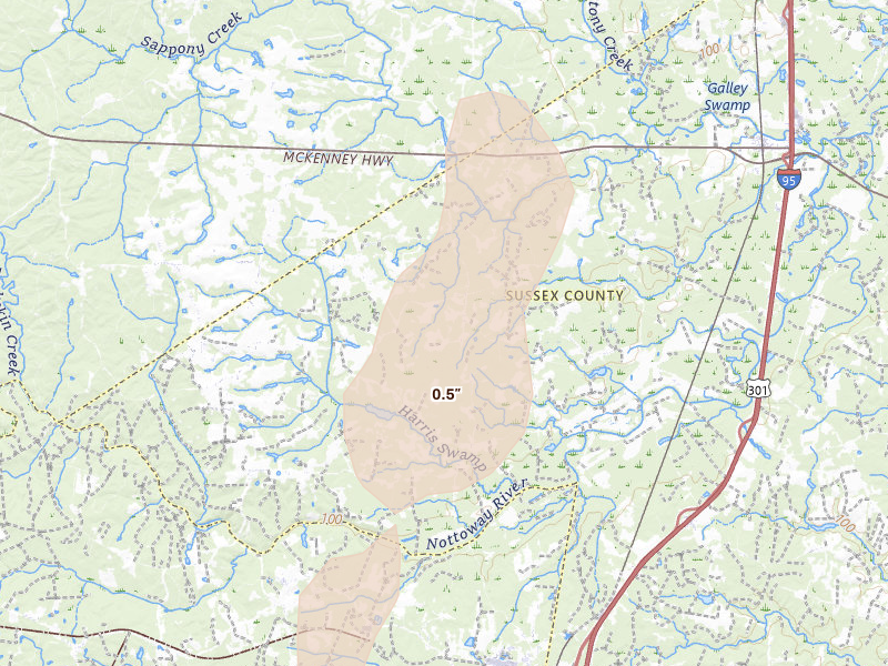 Radar-estimated hail-size map of the storm over Stony Creek, VA on Sep 2, 2026
