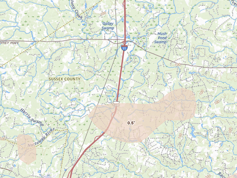 Radar-estimated hail-size map of the storm over Stony Creek, VA on Sep 4, 2026