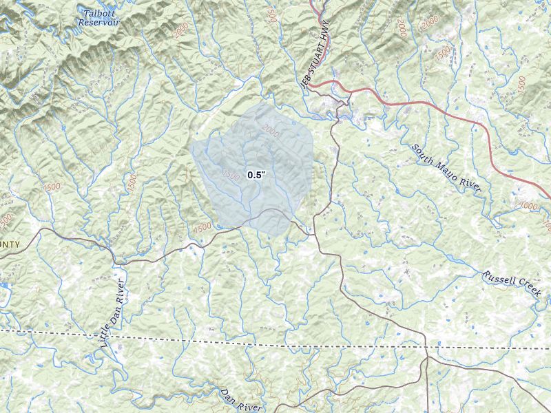 NEXRAD radar-signature map of the hail storm over Stuart, VA on May 27, 2026