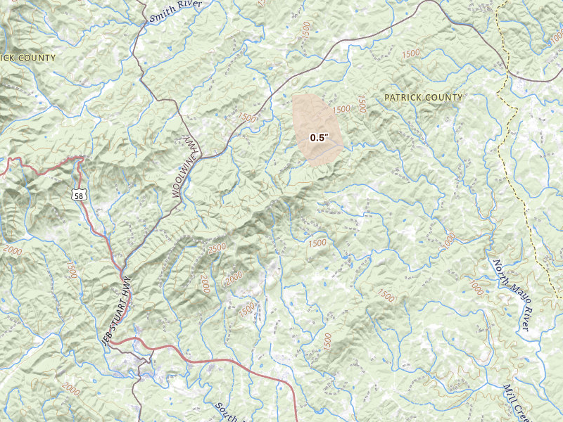 Radar-estimated hail-size map of the storm over Stuart, VA on Aug 14, 2026