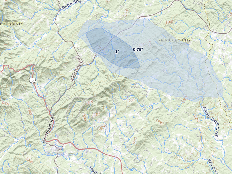NEXRAD radar-signature map of the hail storm over Stuart, VA on Aug 14, 2026