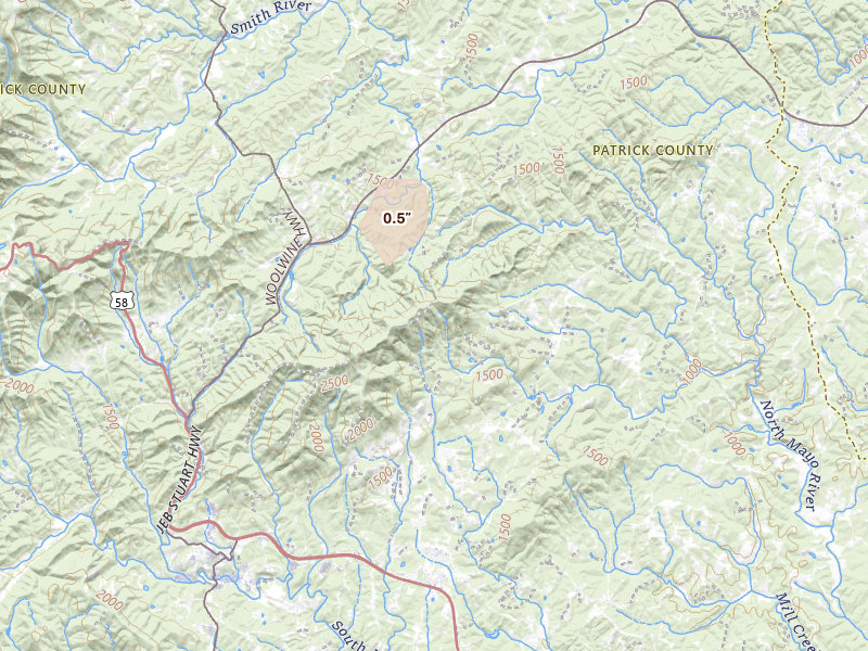 Radar-estimated hail-size map of the storm over Stuart, VA on Aug 22, 2026