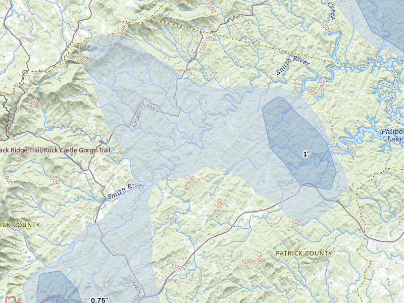 NEXRAD radar-signature map of the hail storm over Stuart, VA on Aug 22, 2026
