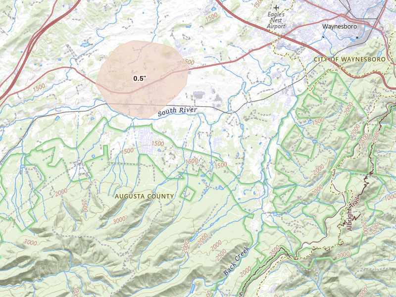 Radar-estimated hail-size map of the storm over Stuarts Draft, VA on Jun 12, 2026