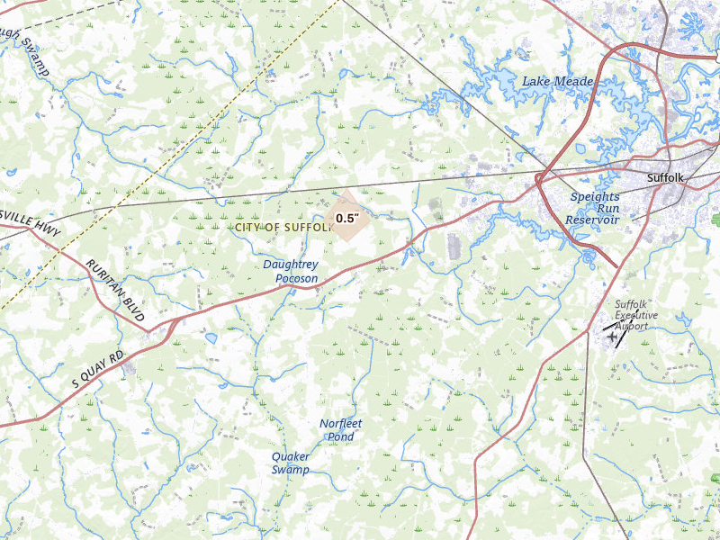 Radar-estimated hail-size map of the storm over Suffolk, VA on Jun 27, 2026