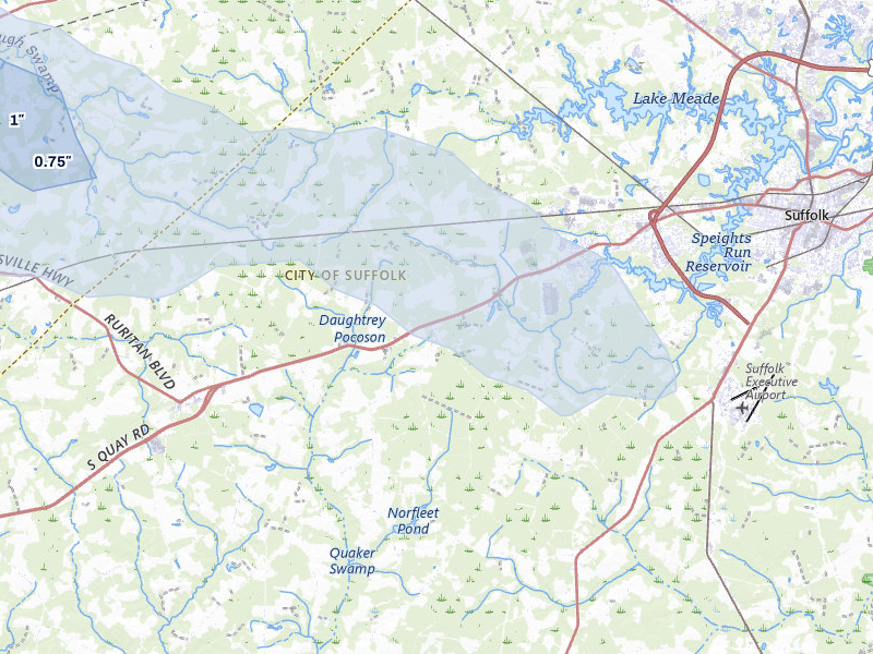 NEXRAD radar-signature map of the hail storm over Suffolk, VA on Jun 27, 2026