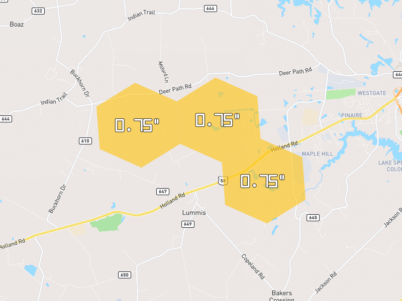 Hail map of Suffolk, VA on Jun 27, 2026, hail up to 0.75"