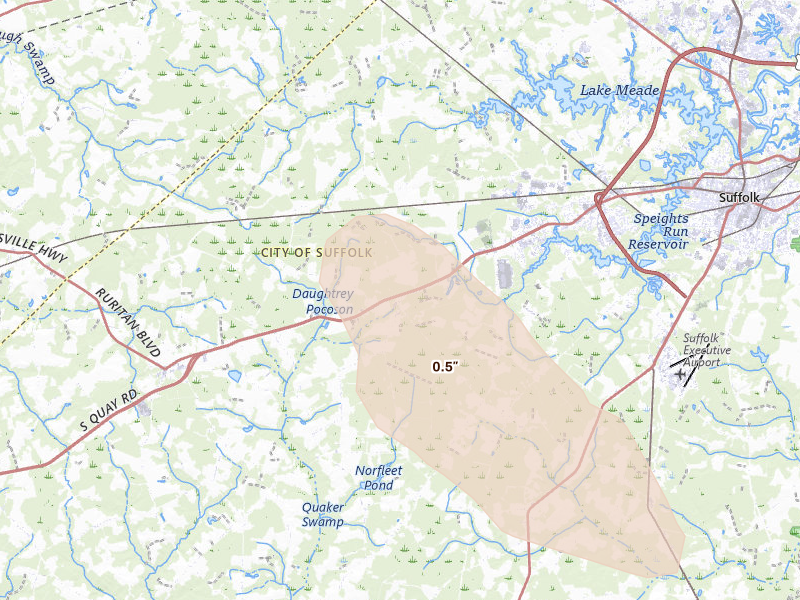 Radar-estimated hail-size map of the storm over Suffolk, VA on Jul 7, 2026