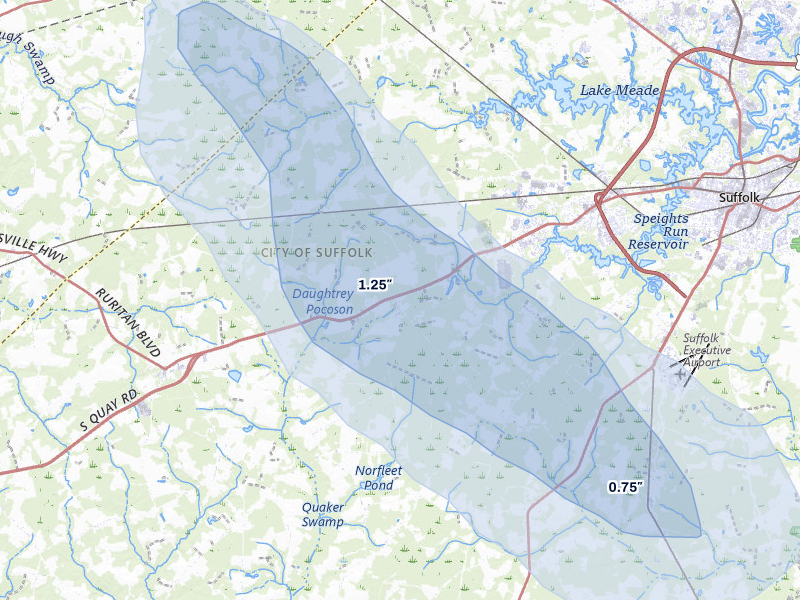 NEXRAD radar-signature map of the hail storm over Suffolk, VA on Jul 7, 2026