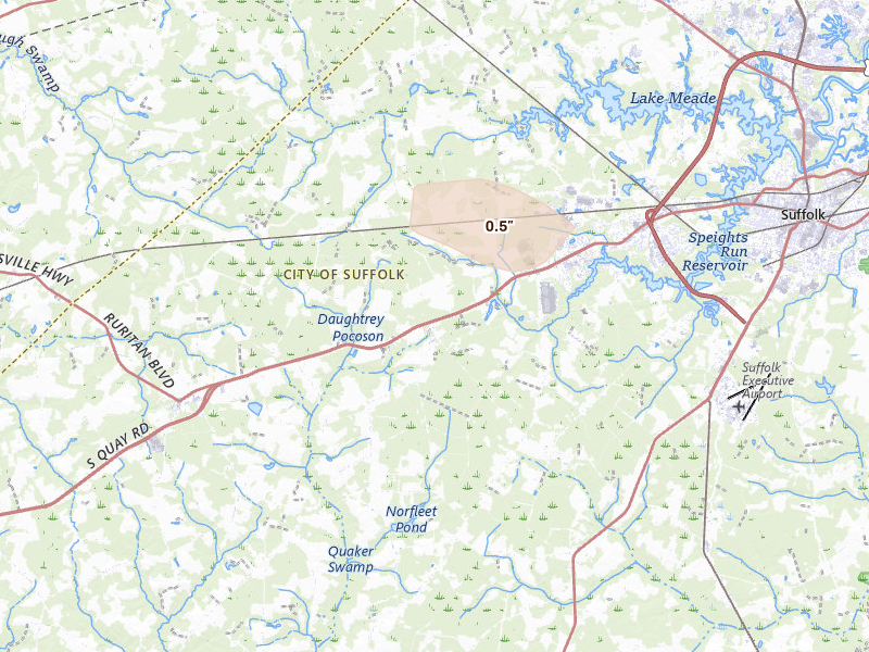 Radar-estimated hail-size map of the storm over Suffolk, VA on Jul 28, 2026