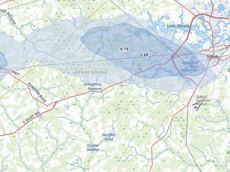 NEXRAD radar-signature map of the hail storm over Suffolk, VA on Jul 28, 2026