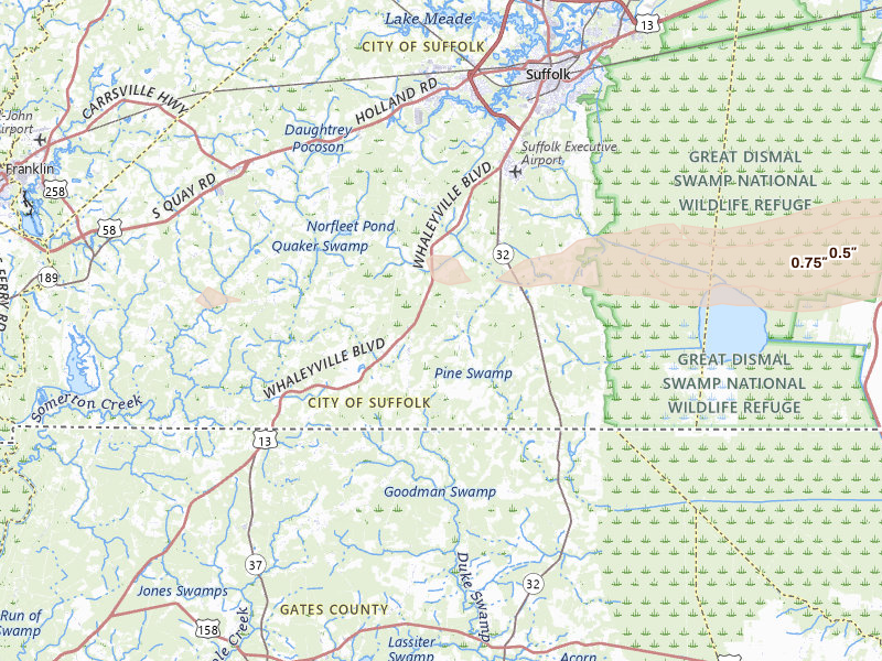 Radar-estimated hail-size map of the storm over Suffolk, VA on Aug 10, 2026