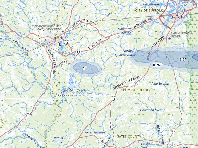 NEXRAD radar-signature map of the hail storm over Suffolk, VA on Aug 10, 2026