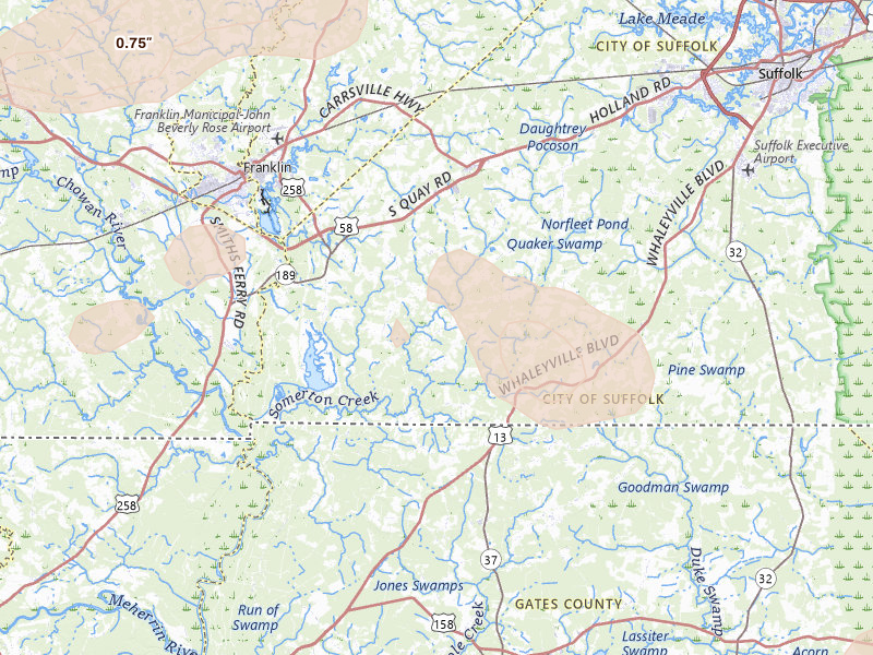 Radar-estimated hail-size map of the storm over Suffolk, VA on Sep 4, 2026