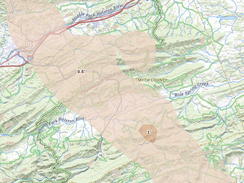 Radar-estimated hail-size map of the storm over Sugar Grove, VA on Jul 28, 2026