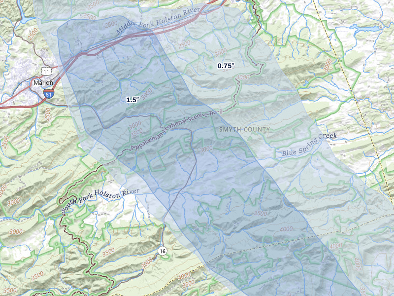 NEXRAD radar-signature map of the hail over Sugar Grove, VA