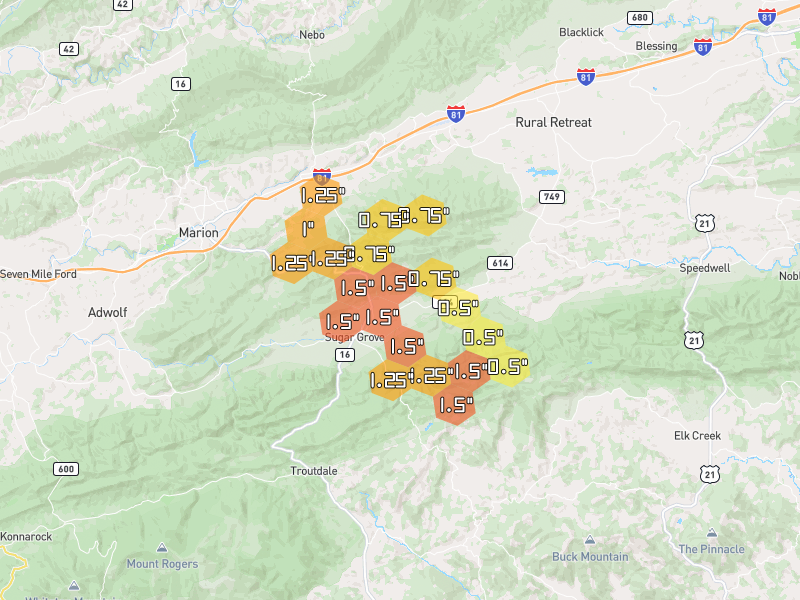 Hail map of Sugar Grove, VA on Jul 28, 2026, hail up to 1.5"