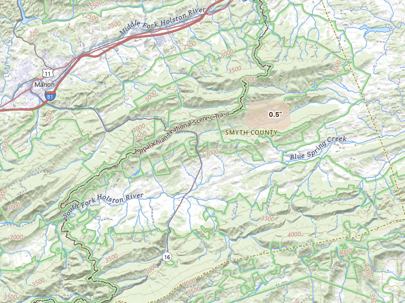 Radar-estimated hail-size map of the storm over Sugar Grove, VA on Sep 4, 2026