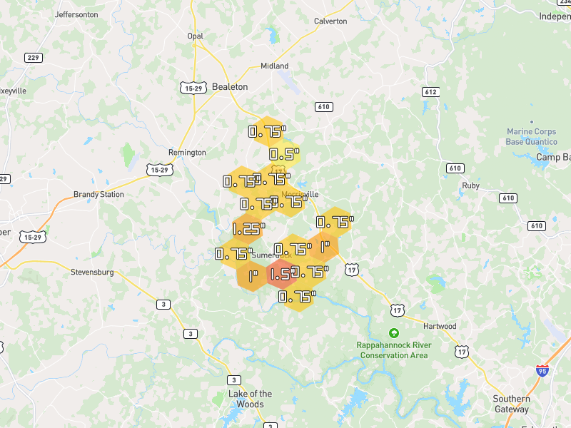 Hail map of Sumerduck, VA on Jul 28, 2026, hail up to 1.5"