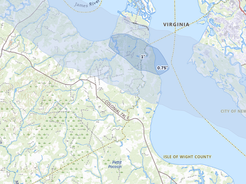 NEXRAD radar-signature map of the hail storm over Surry, VA on Jul 28, 2026