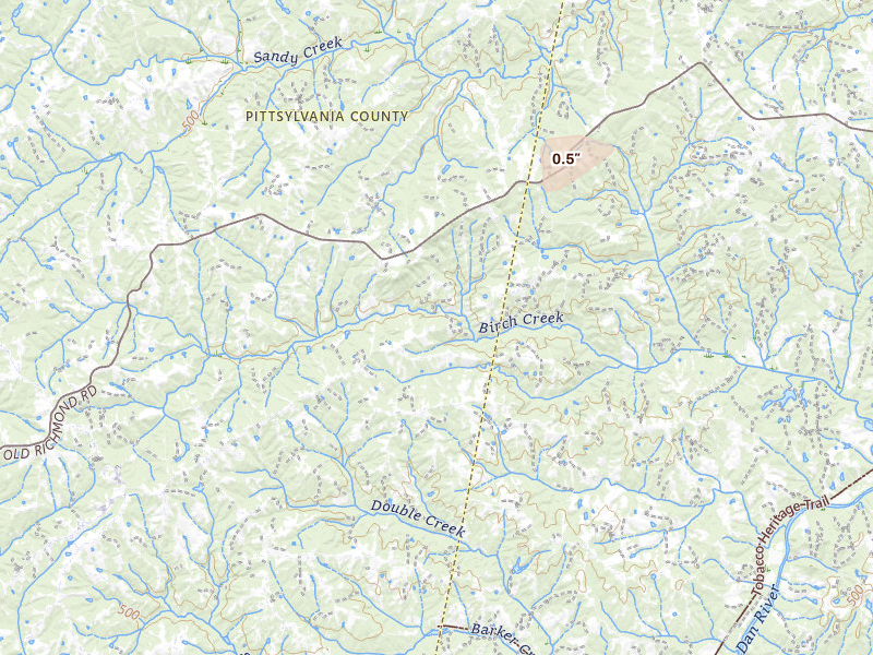 Radar-estimated hail-size map of the storm over Sutherlin, VA on Aug 7, 2026